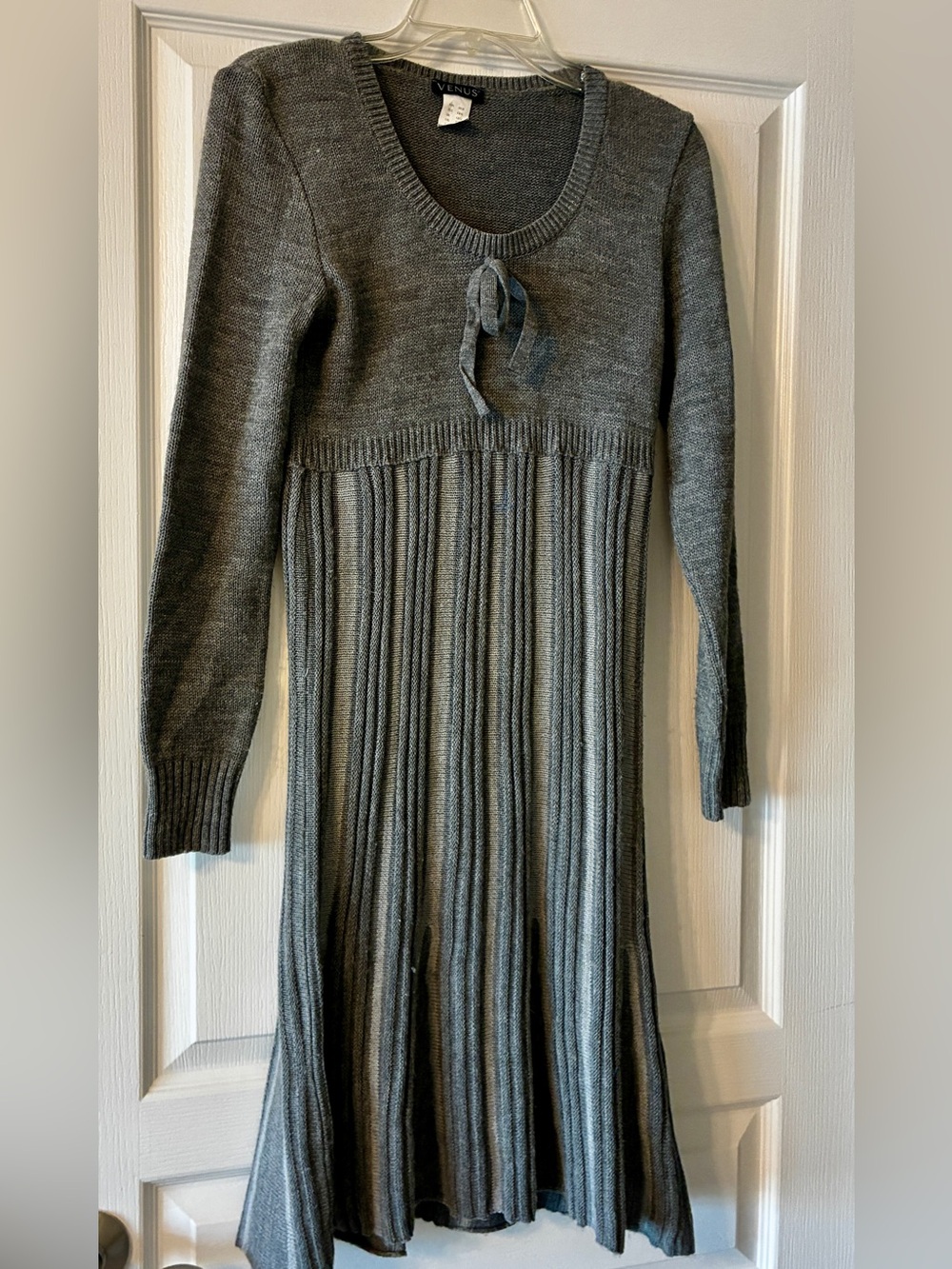 Venus Light Dark Gray Knit Sweater Empire Waist Fit Flare Pleated Bow Dress
